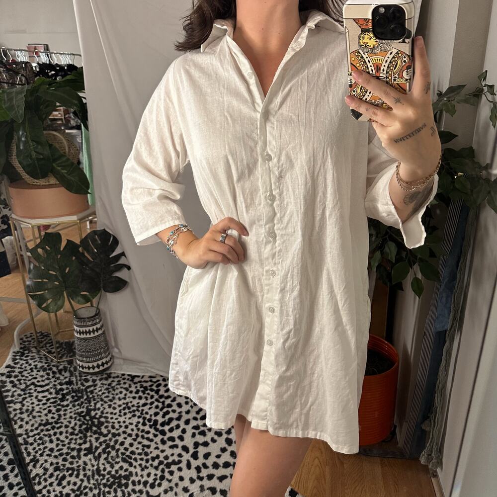 Rue Stiic Linen Cotton Blend Quarter Sleeve Mini Dress White